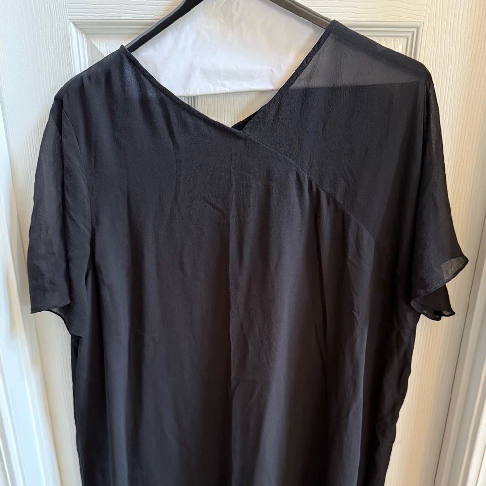 Eileen Fisher Dress Sheer Short Sleeve XL V-Neck Black Lined Elegant Holiday